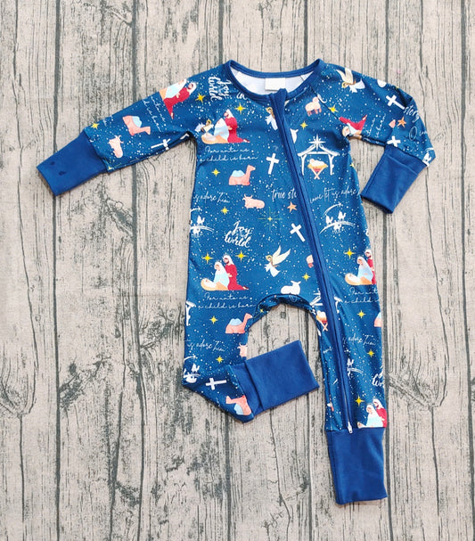 (Custom Design Preorder MOQ 20) Nativity Print Baby Christmas Long Sleeve Bamboo Sleeper Zipper Romper