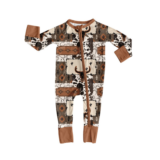 (Pre-order)LR2505  Aztec Skull Western Print Baby Boys Fall Zipper Sleeper Romper