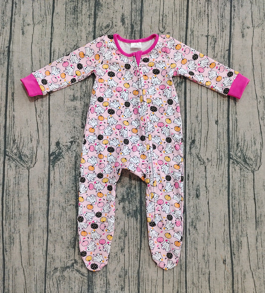 (Pre-order)LR2506  Spooky Pumpkin Print Baby Girls Halloween Zipper Sleeper Romper