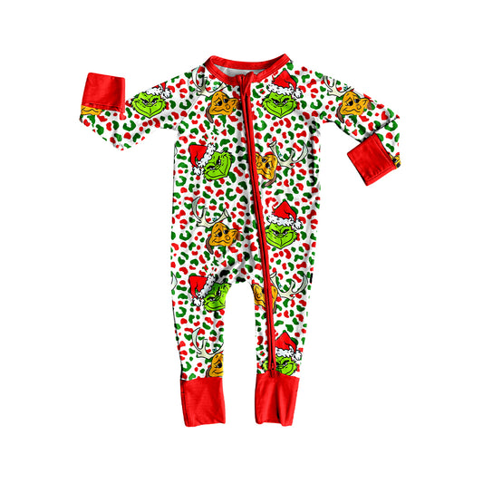 (Pre-order)LR2508 Green Frog Leopard Print Baby Girls Christmas Zipper Sleeper Romper