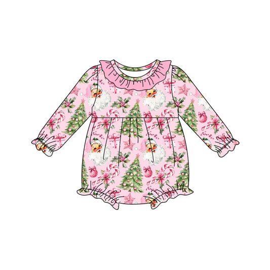 (Pre-order)LR2509 Santa Holly Candy Cane Print Baby Girls Christmas Romper