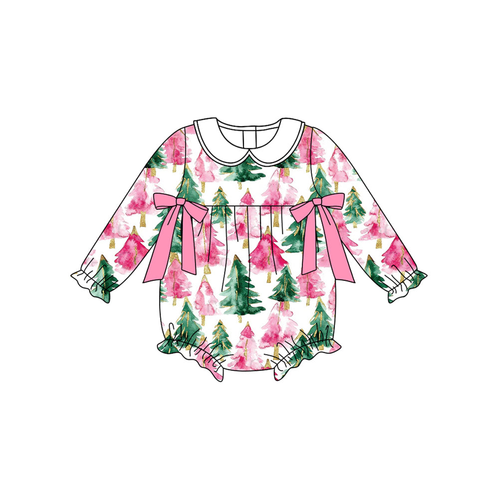 (Pre-order)LR2510 Tree Pink Print Baby Girls Christmas Romper