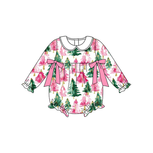 (Pre-order)LR2510 Tree Pink Print Baby Girls Christmas Romper