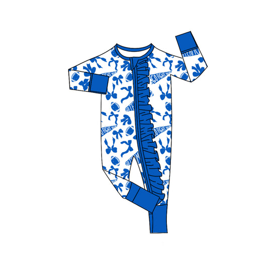 (Pre-order)LR2511 Cheer Bows Blue Print Baby Girls Fall Zipper Sleeper Romper