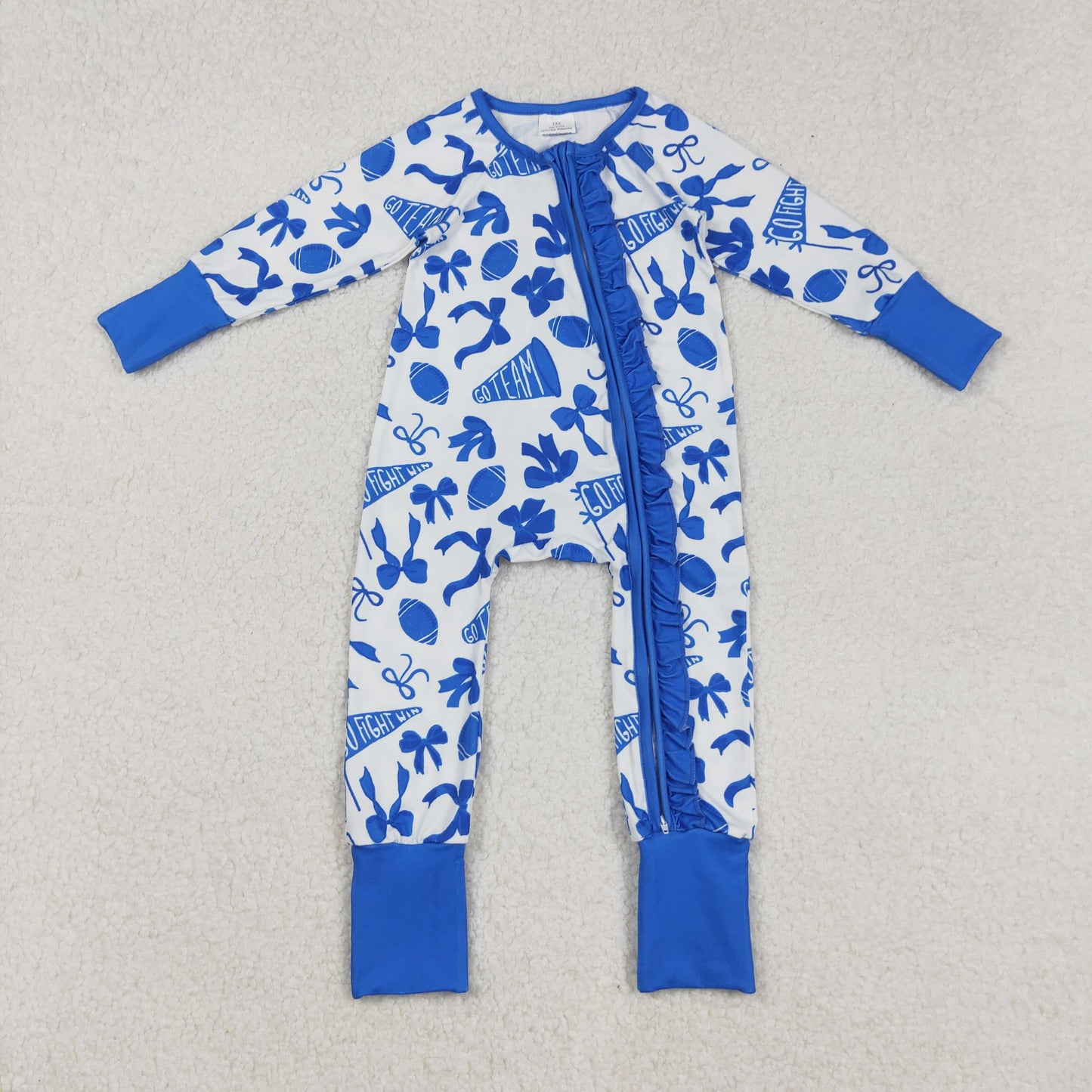 LR2511 Go Team Cheer Bows Blue Print Baby Girls Fall Zipper Sleeper Romper