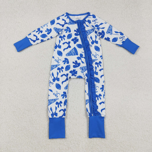 LR2511 Go Team Cheer Bows Blue Print Baby Girls Fall Zipper Sleeper Romper