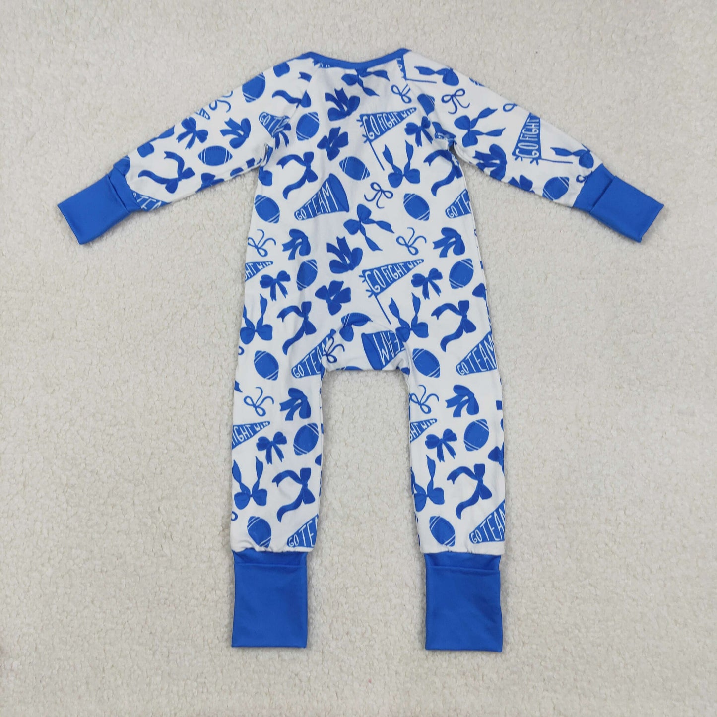 LR2511 Go Team Cheer Bows Blue Print Baby Girls Fall Zipper Sleeper Romper