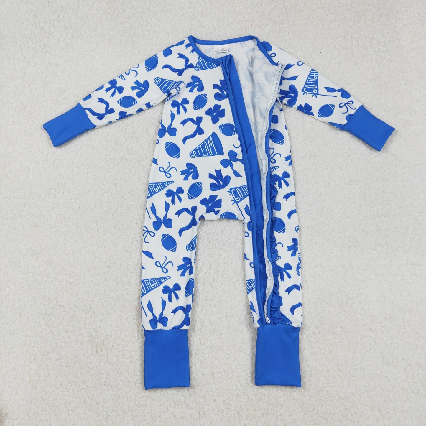 LR2511 Go Team Cheer Bows Blue Print Baby Girls Fall Zipper Sleeper Romper