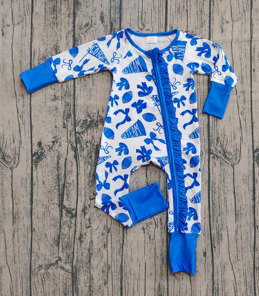 (Custom Design Preorder MOQ 20) Blue Bows Cheer Print Baby Girls Fall Long Sleeve Bamboo Sleeper Zipper Romper