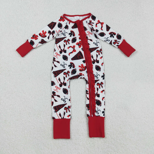 LR2512 Go Team Cheer Bows Red Print Baby Girls Fall Zipper Sleeper Romper