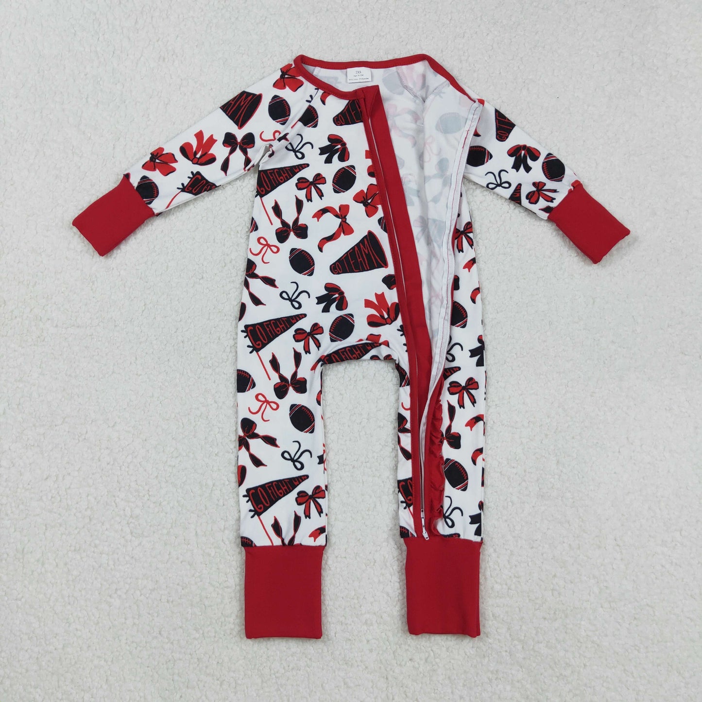 LR2512 Go Team Cheer Bows Red Print Baby Girls Fall Zipper Sleeper Romper
