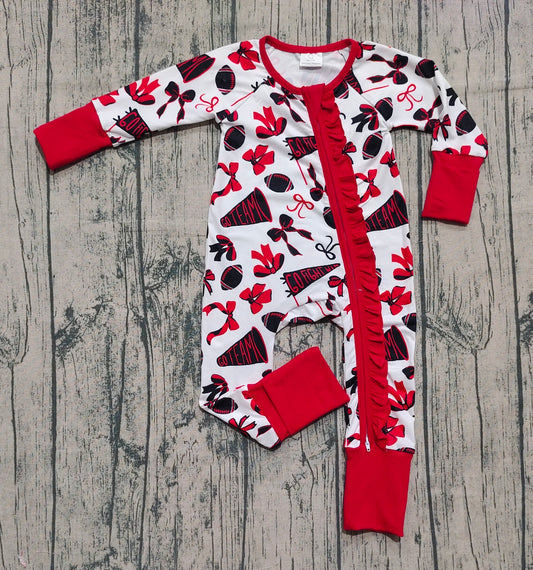 (Custom Design Preorder MOQ 20) Red Bows Cheer Print Baby Girls Fall Long Sleeve Bamboo Sleeper Zipper Romper
