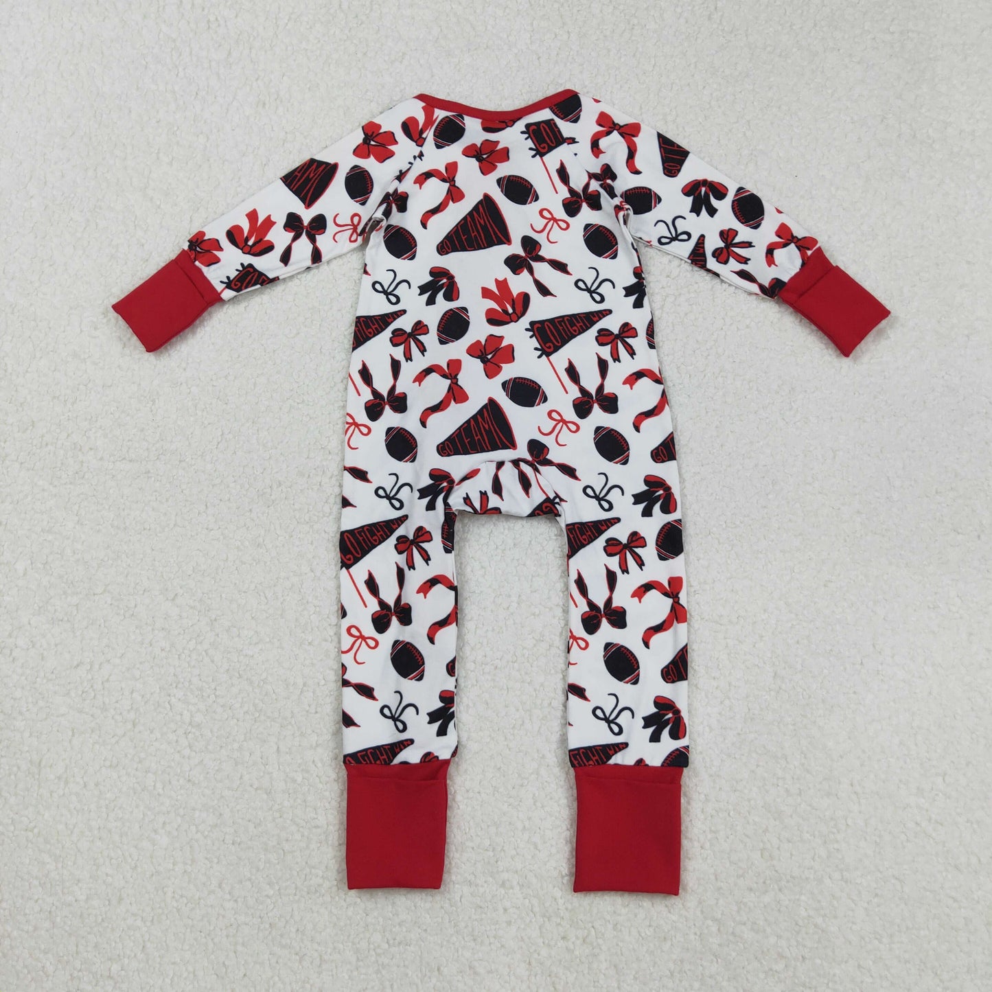 LR2512 Go Team Cheer Bows Red Print Baby Girls Fall Zipper Sleeper Romper