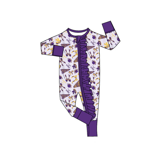 (Pre-order)LR2513 Cheer Bows Purple Print Baby Girls Fall Zipper Sleeper Romper