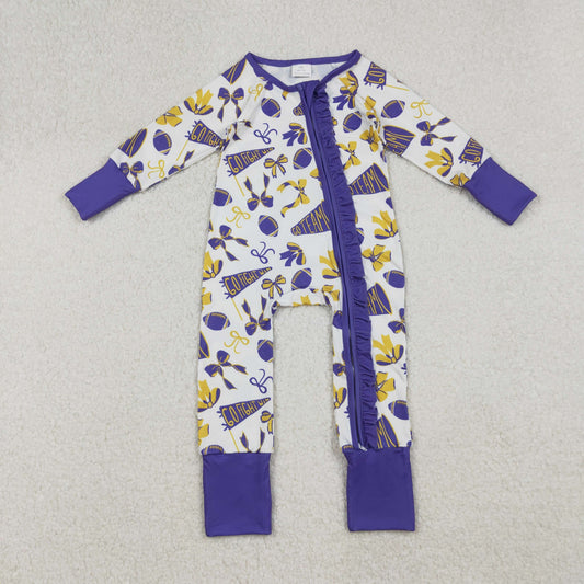 LR2513 Go Team Cheer Bows Purple Print Baby Girls Fall Zipper Sleeper Romper