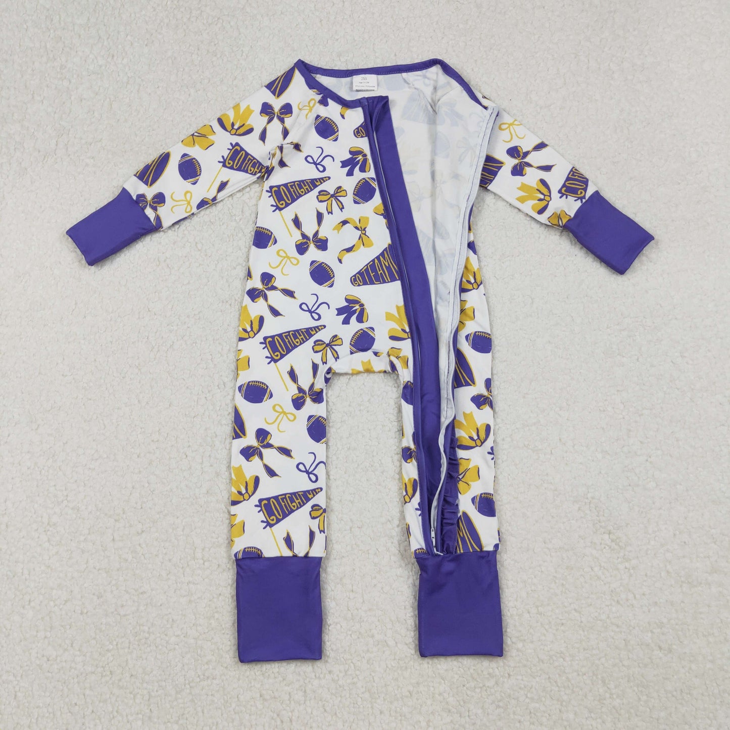 LR2513 Go Team Cheer Bows Purple Print Baby Girls Fall Zipper Sleeper Romper