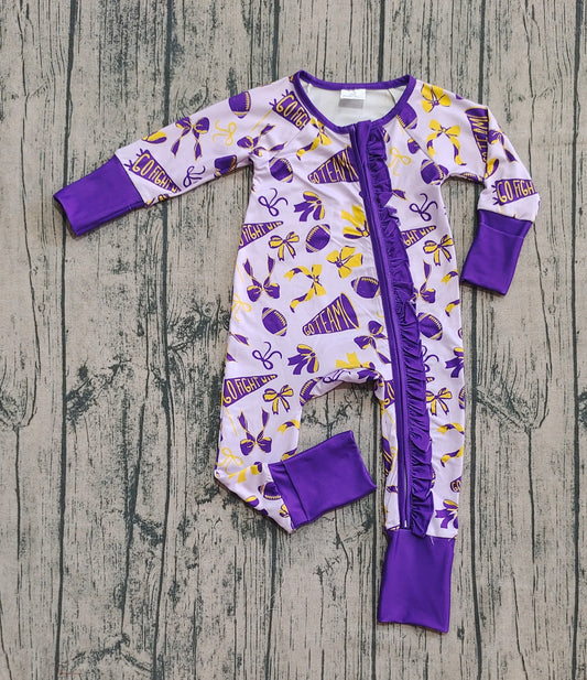 (Custom Design Preorder MOQ 20) Purple Bows Cheer Print Baby Girls Fall Long Sleeve Bamboo Sleeper Zipper Romper