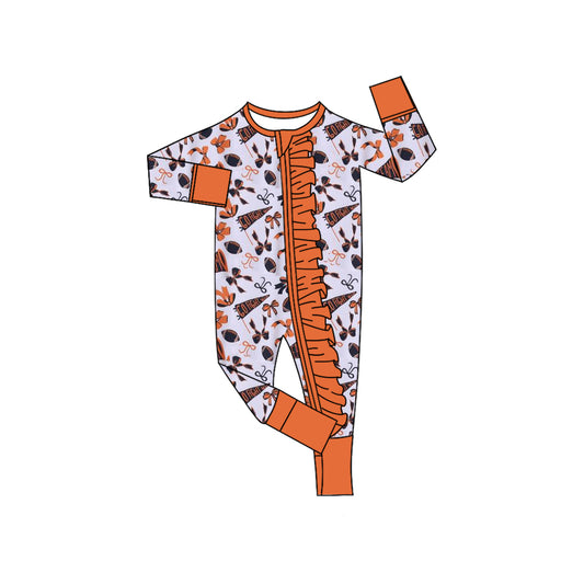 (Pre-order)LR2514 Cheer Bows Orange Print Baby Girls Fall Zipper Sleeper Romper