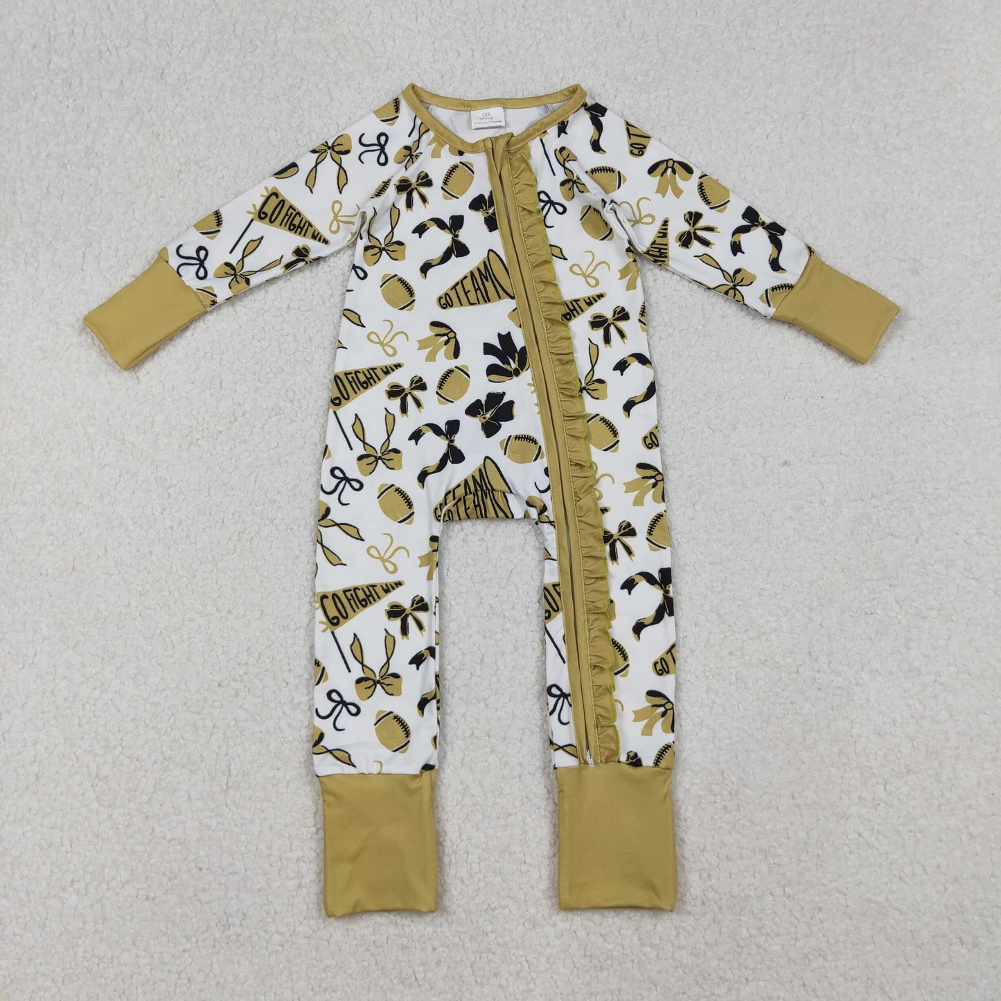 LR2515 Go Team Cheer Bows Gold Print Baby Girls Fall Zipper Sleeper Romper