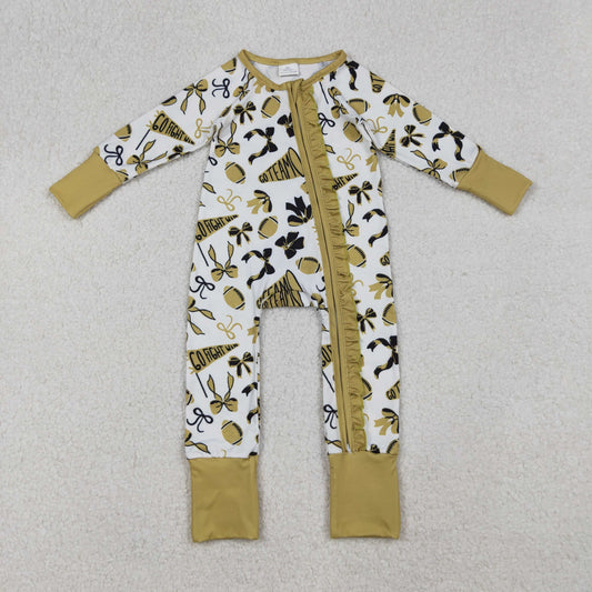 LR2515 Go Team Cheer Bows Gold Print Baby Girls Fall Zipper Sleeper Romper