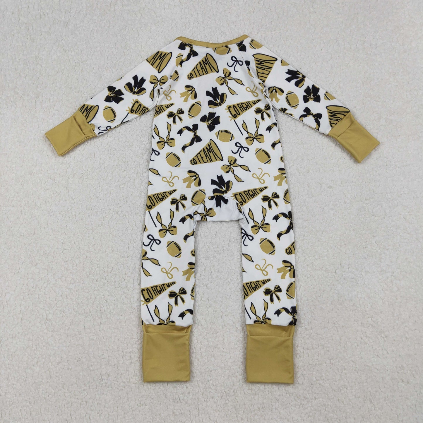 LR2515 Go Team Cheer Bows Gold Print Baby Girls Fall Zipper Sleeper Romper