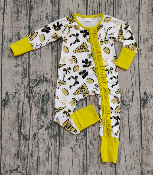 (Custom Design Preorder MOQ 20) Yellow Bows Cheer Print Baby Girls Fall Long Sleeve Bamboo Sleeper Zipper Romper