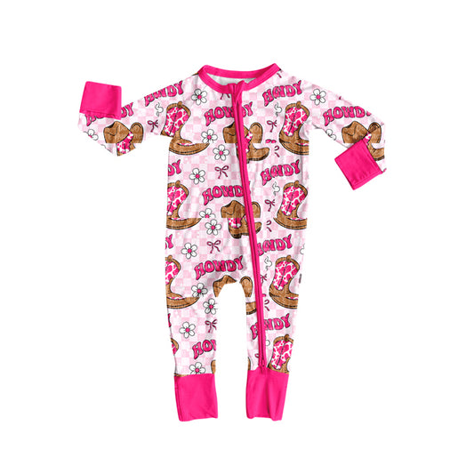 (Pre-order)LR2516 Howdy Boots Hat Plaid Print Baby Girls Zipper Sleeper Romper