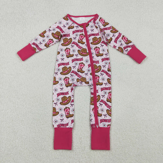 LR2516 Howdy Boots Hat Plaid Print Baby Girls Zipper Sleeper Romper