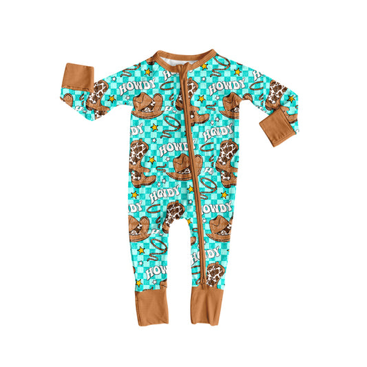 (Pre-order)LR2517 Howdy Boots Hat Plaid Print Baby Boys Zipper Sleeper Romper