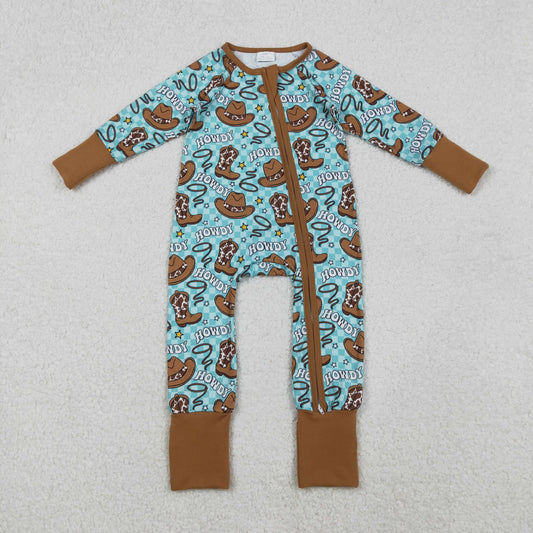 LR2517 Howdy Boots Hat Plaid Print Baby Boys Zipper Sleeper Romper