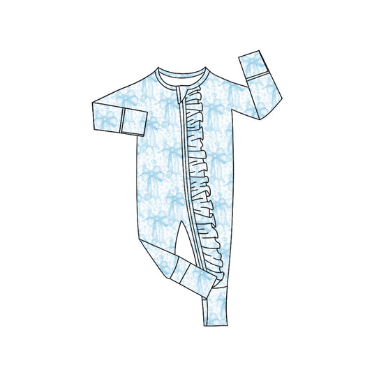 (Pre-order)LR2518 Blue Bows Print Baby Girls Zipper Sleeper Romper