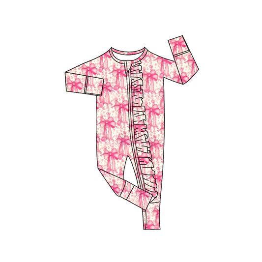 (Pre-order)LR2519 Pink Bows Print Baby Girls Zipper Sleeper Romper