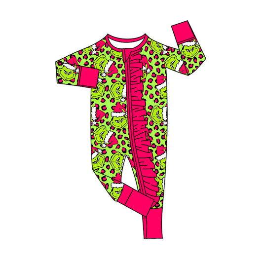 (Pre-order)LR2520 Green Frog Leopard Print Baby Girls Christmas Zipper Sleeper Romper