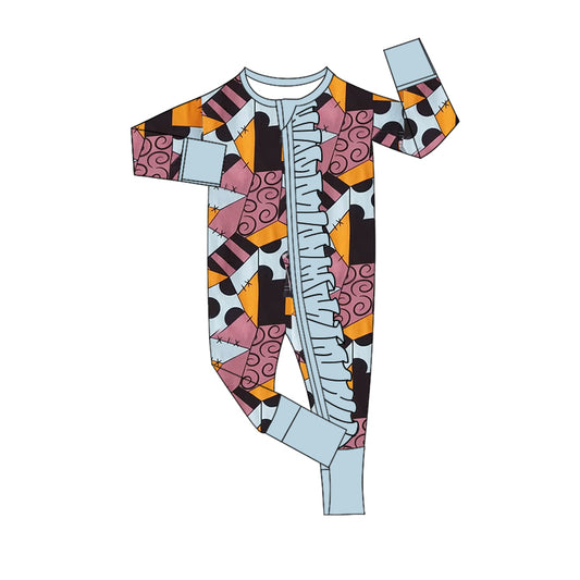 (Pre-order)LR2521 Cartoon Movie Patch Print Baby Girls Halloween Zipper Sleeper Romper