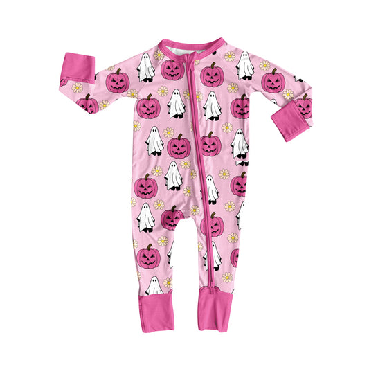 (Pre-order)LR2522 Spooky Pumpkin Pink Print Baby Girls Halloween Zipper Sleeper Romper