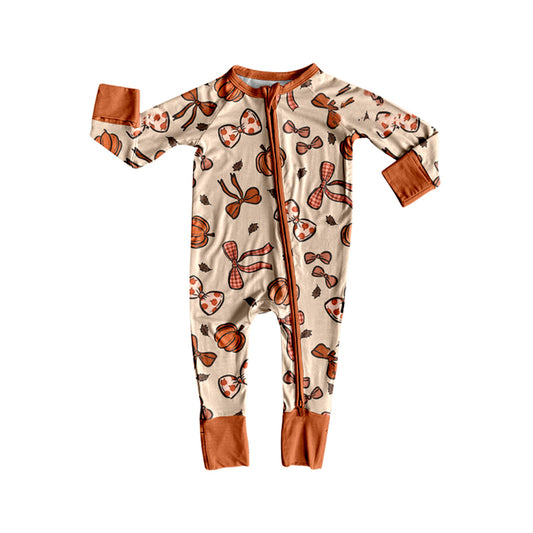 (Pre-order)LR2524 Pumpkin Bows Print Baby Girls Fall Zipper Sleeper Romper