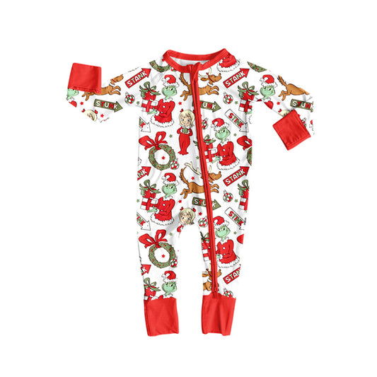 (Pre-order)LR2525  Green Frog Holly Print Baby Girls Christmas Zipper Sleeper Romper