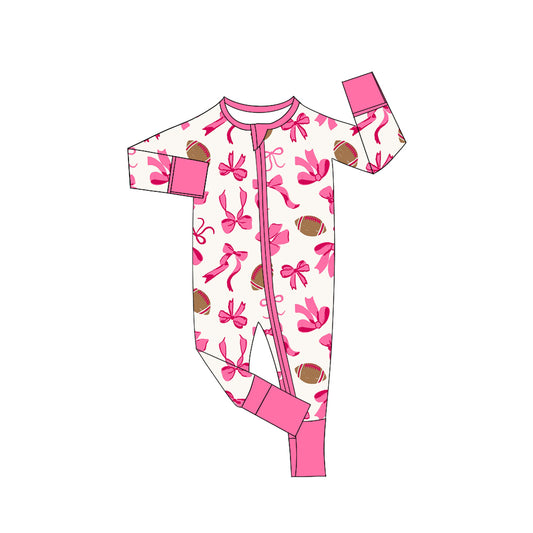 (Pre-order)LR2526 Football Bows Print Baby Girls Fall Zipper Sleeper Romper