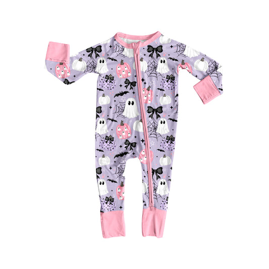 (Pre-order)LR2527 Spooky Pumpkin Bows Print Baby Girls Halloween Zipper Sleeper Romper