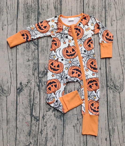 (Pre-order)LR2528 Pumpkin Candy Web Print Baby Boys Halloween Zipper Sleeper Romper