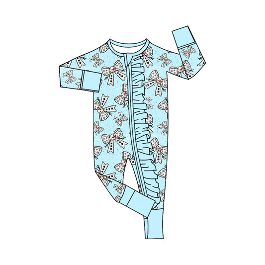 (Pre-order)LR2530 Snowman Bows Print Baby Girls Winter Zipper Sleeper Romper