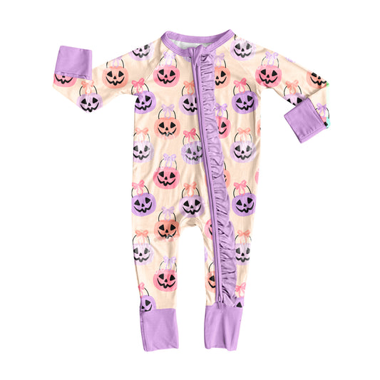 (Pre-order)LR2535 Basket Print Baby Girls Halloween Zipper Sleeper Romper