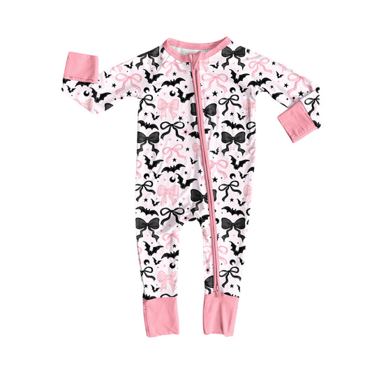(Pre-order)LR2536 Bat Bows Print Baby Girls Halloween Zipper Sleeper Romper