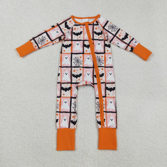 LR2539 Spooky Bat Plaid Print Baby Girls Halloween Zipper Sleeper Romper