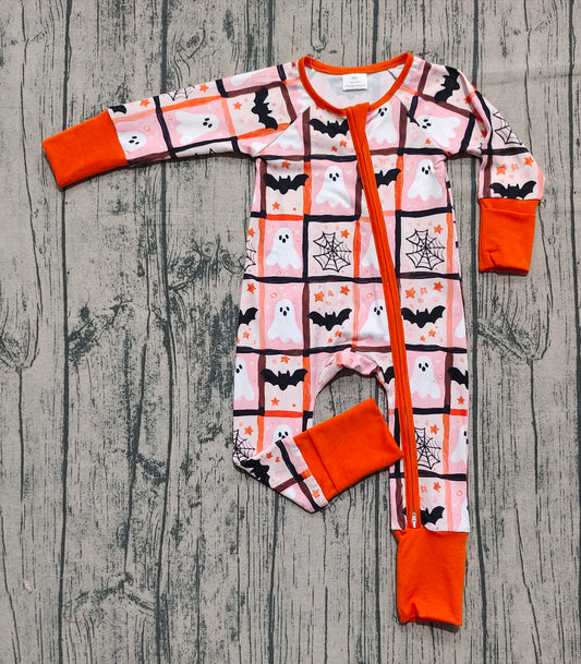 (Pre-order)LR2539 Spooky Bat Plaid Print Baby Girls Halloween Zipper Sleeper Romper