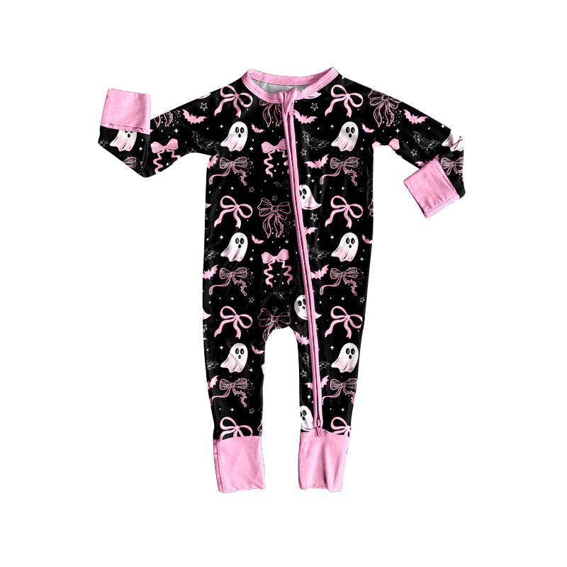 (Pre-order)LR2540 Spooky Bows Print Baby Girls Halloween Zipper Sleeper Romper