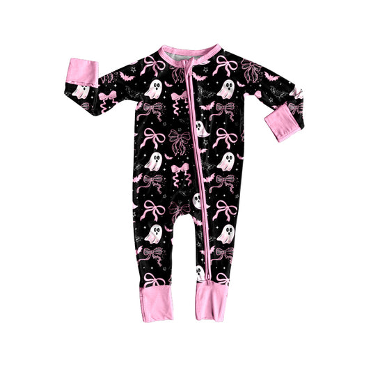 (Pre-order)LR2540 Spooky Bows Print Baby Girls Halloween Zipper Sleeper Romper