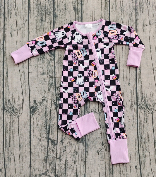 (Pre-order)LR2541 BOO Spooky Candy Plaid Print Baby Girls Halloween Zipper Sleeper Romper