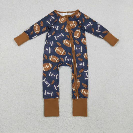 LR2543 Football Leaf Print Baby Boys Fall Zipper Sleeper Romper