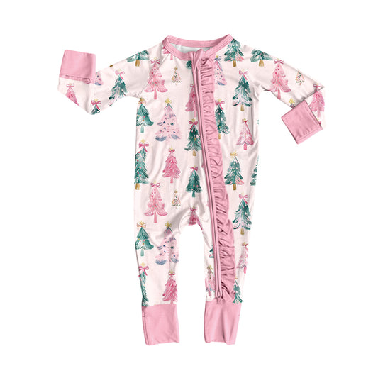 (Pre-order)LR2544 Pink Tree Print Baby Girls Christmas Zipper Sleeper Romper